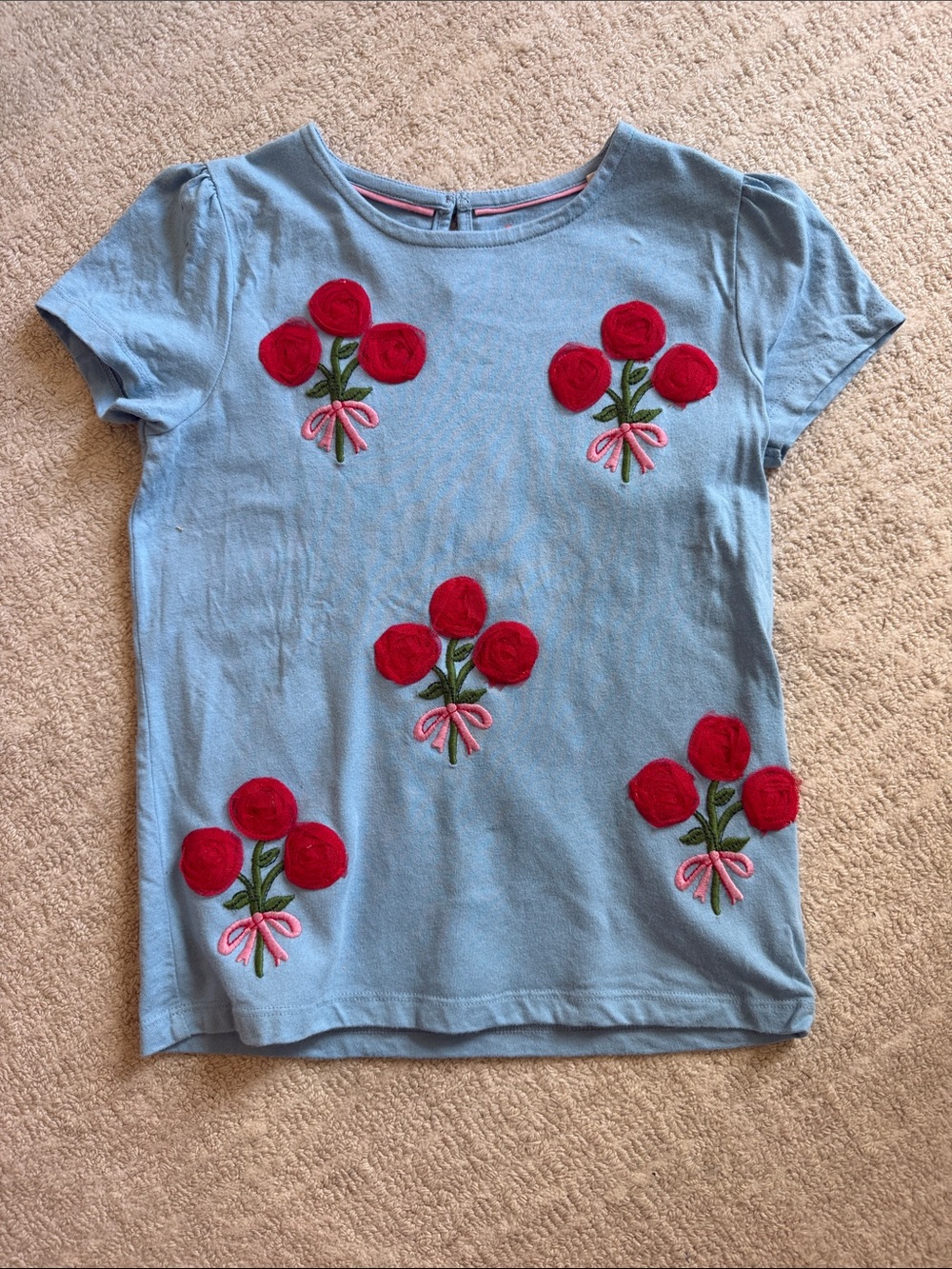 Mini Boden Light Blue Tee with Red Rose Appliqués